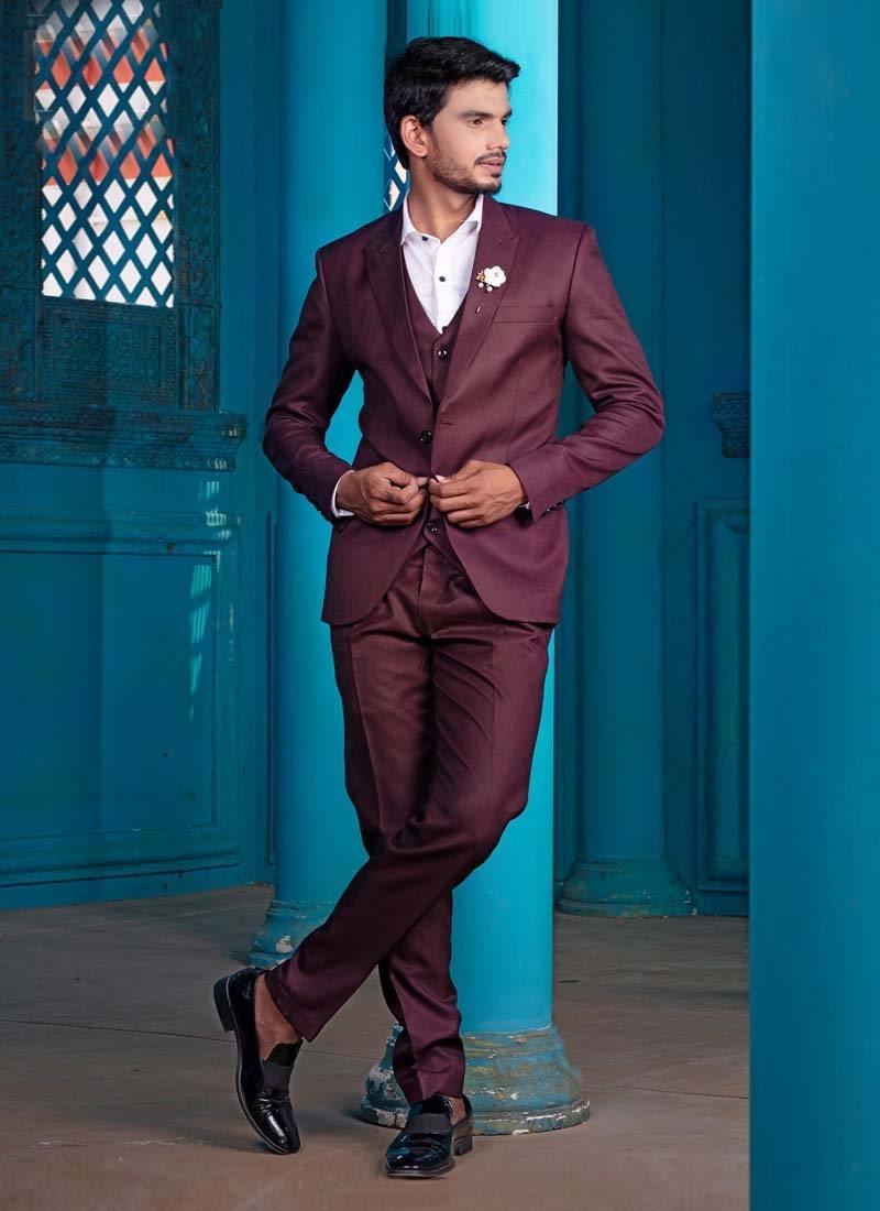 Single Breasted Two Button Maroon Color Structured Fit Textured Suit Free Shipping Low Cost