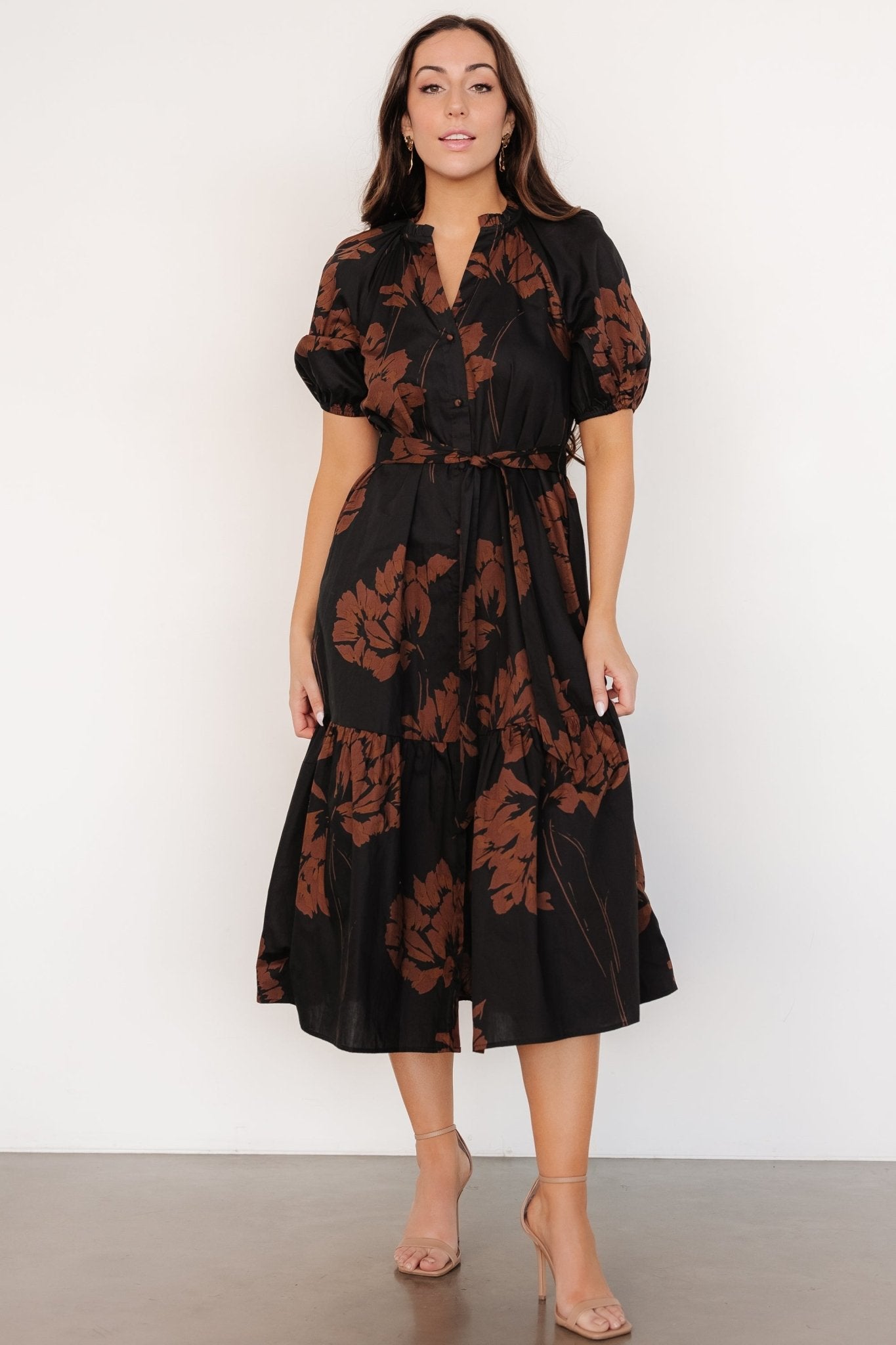 Prescott Midi Dress | Black + Brown Floral For Sale Top Quality