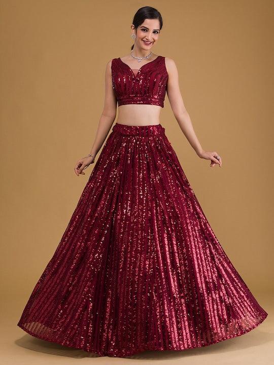 Red Net Sequinned Flared Lehenga choli Order Online