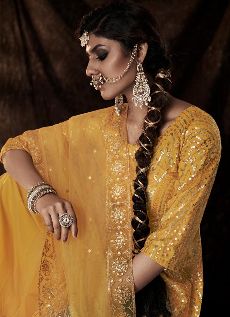 Mustard Yellow Color Net Base Sharara Suit With Sequins Work Free Shipping Release Dates