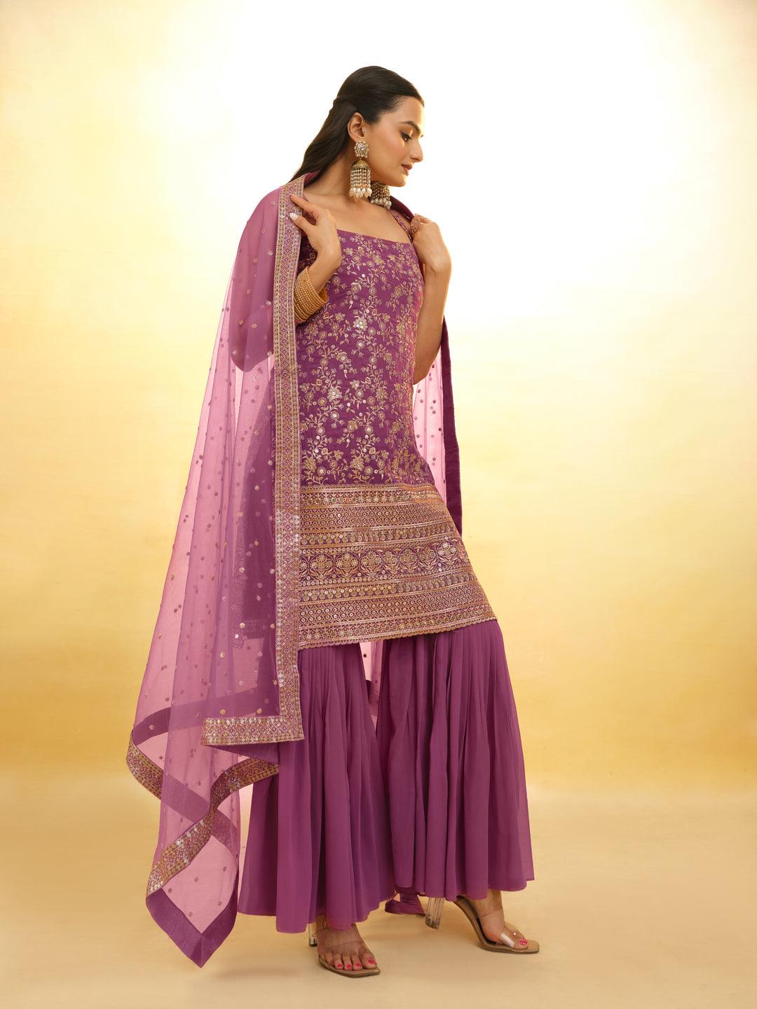 Lilac Embroidered Georgette Sharara Suit with dupatta Cheap Pice Original