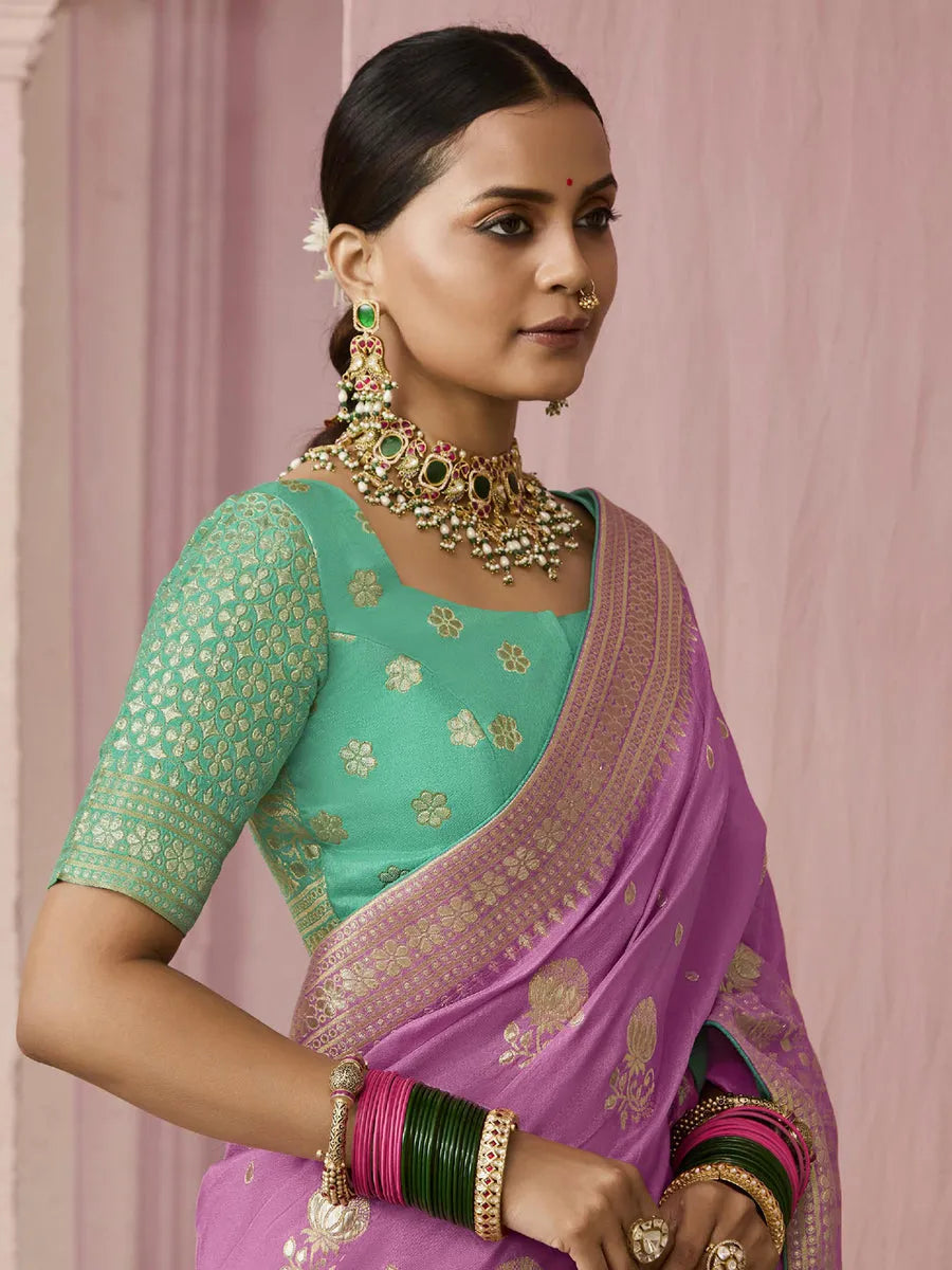 Lavender Designer Silk Saree with Floral Weaving Work Cheap Sale Online