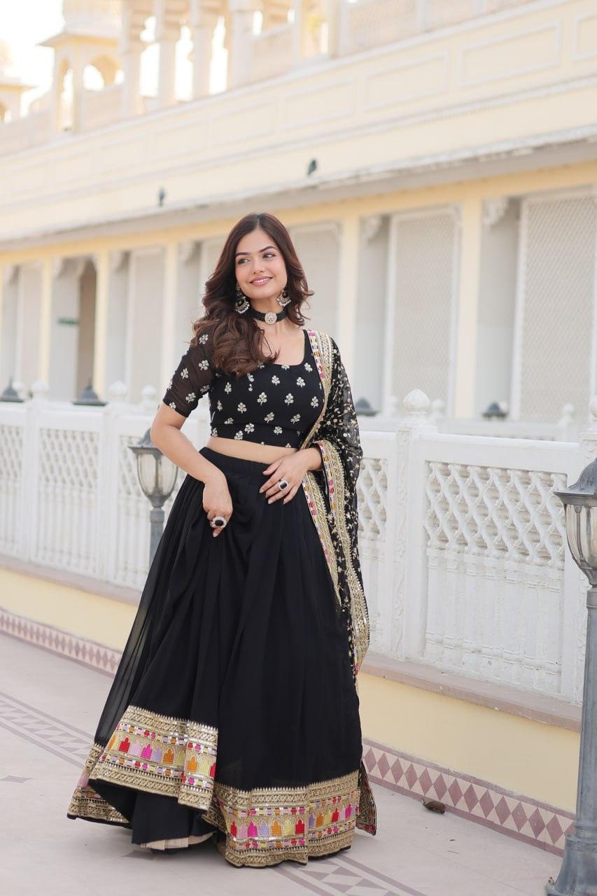 Stunning Black Faux Georgette Heavy Thread Sequins Embroidered Lehenga Choli Set Outlet Online Shop