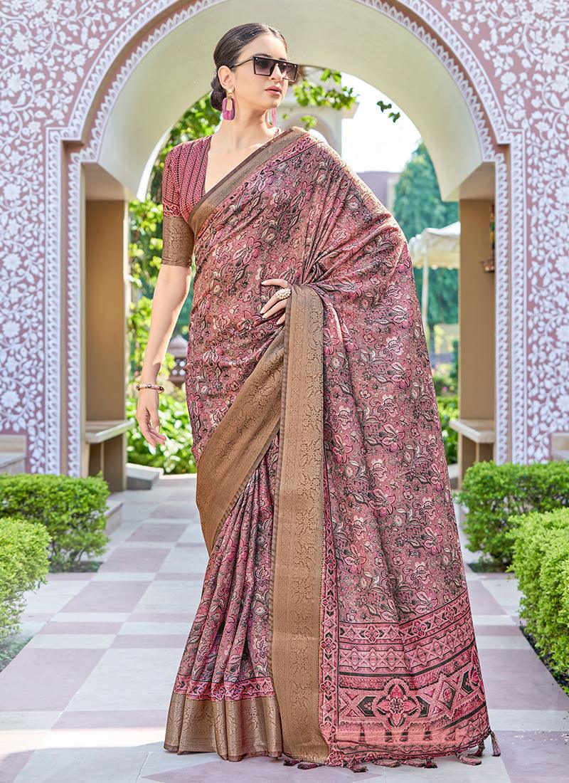 Silk With Digital Print Pink Floral Saree Inexpensive For Sale