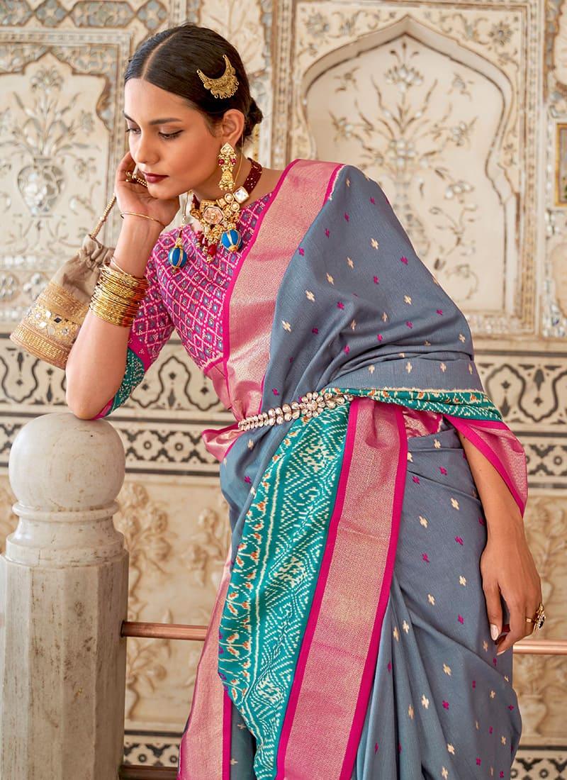 Light Blue Color Patola Silk Saree With Pink Color Boat Neck Blouse Cheap Manchester