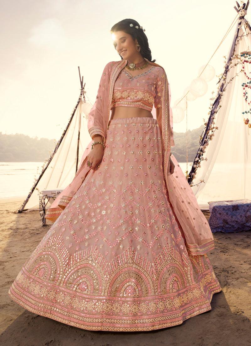 Soulful Peach Foil Mirror Work Organza Lehenga Choli Set Excellent Online