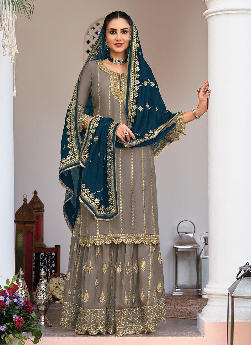 Grey Color Embroidered Sharara Suit With Contrast Sequins Work Dupatta Outlet 2025 New