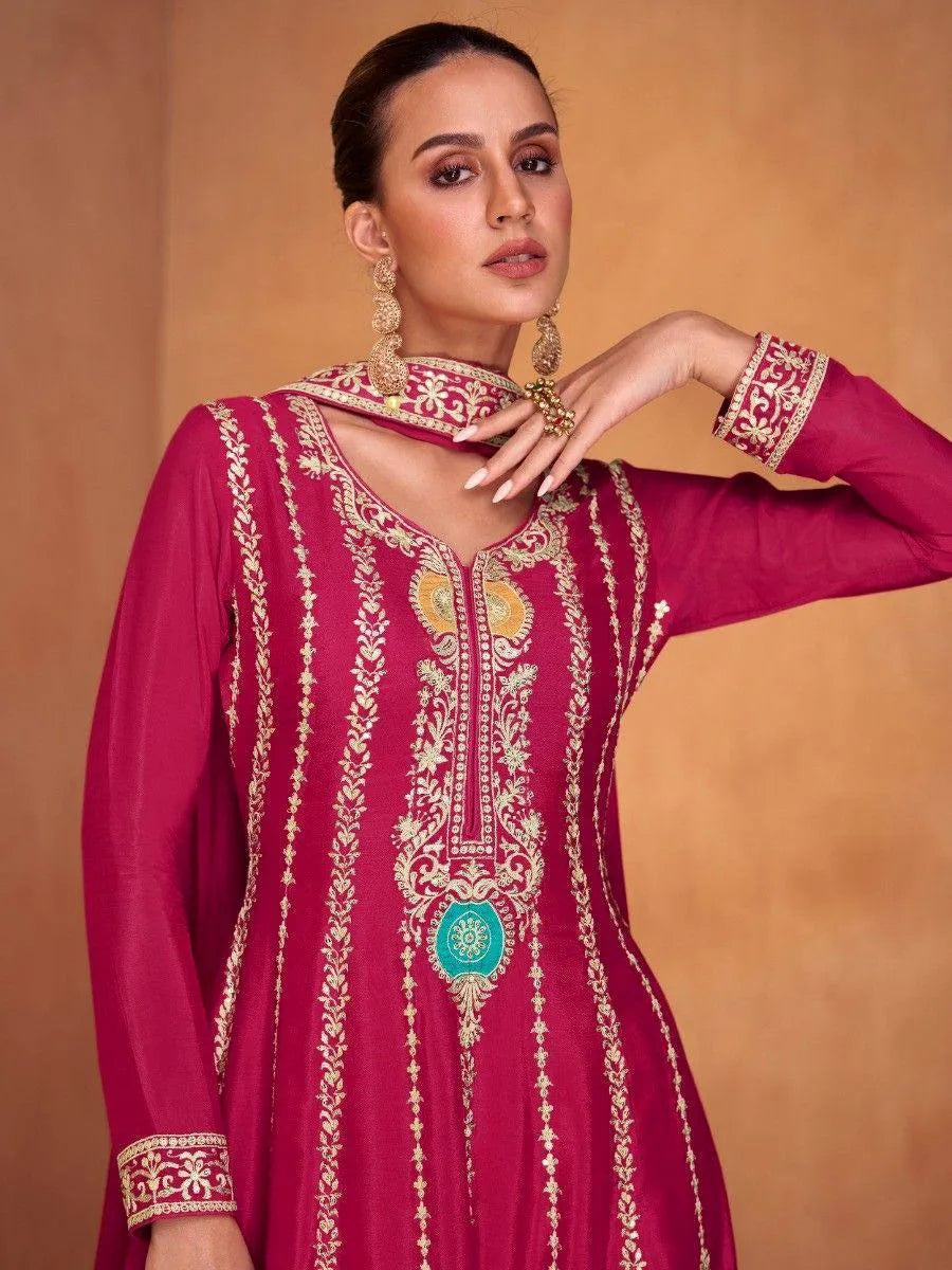 Fabulous Dark pink Chinon Embroidered Palazzo Suit Cheap Best Place