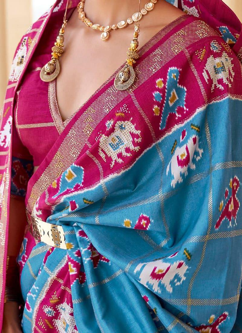 Plunging Neck Sky Blue Patola Saree Free Shipping