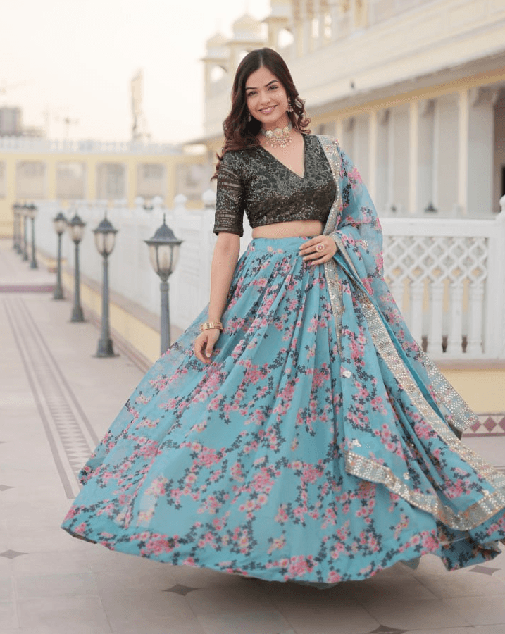 Sky Blue Silk Printed Lehenga with Embroidered Blouse Collections