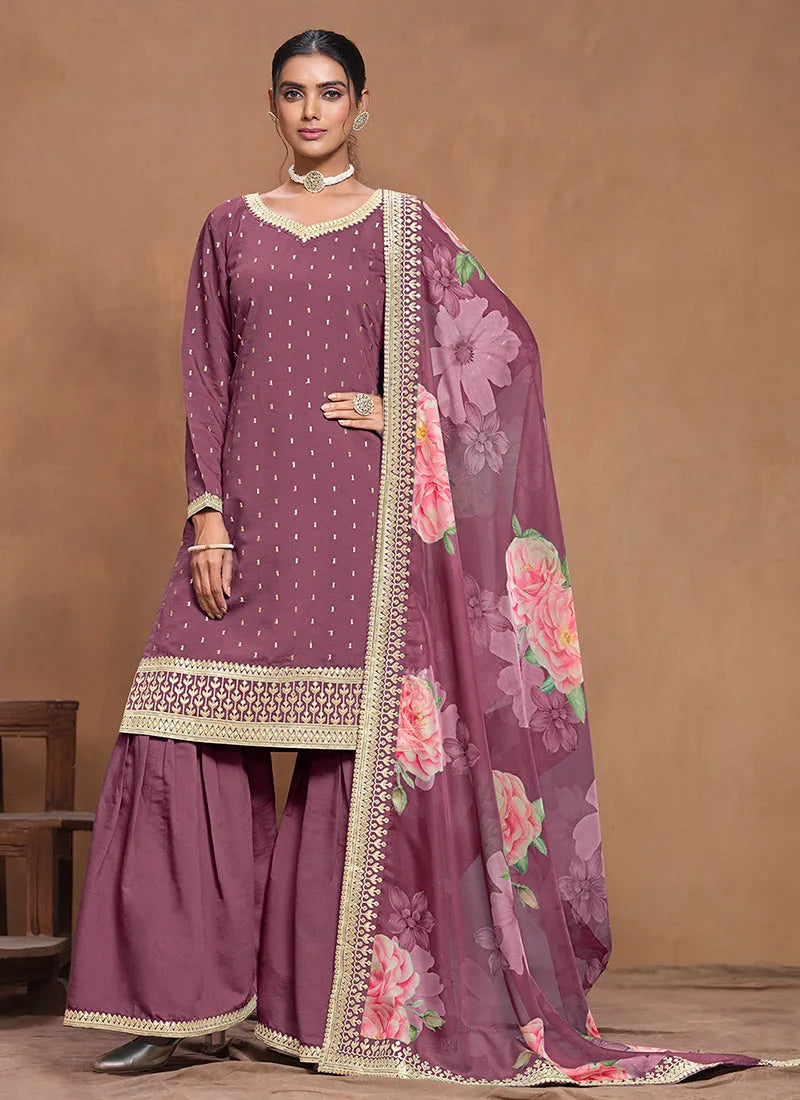 Designer Lavender  Embroidered Silk Sharara  Suit Outlet Finishline