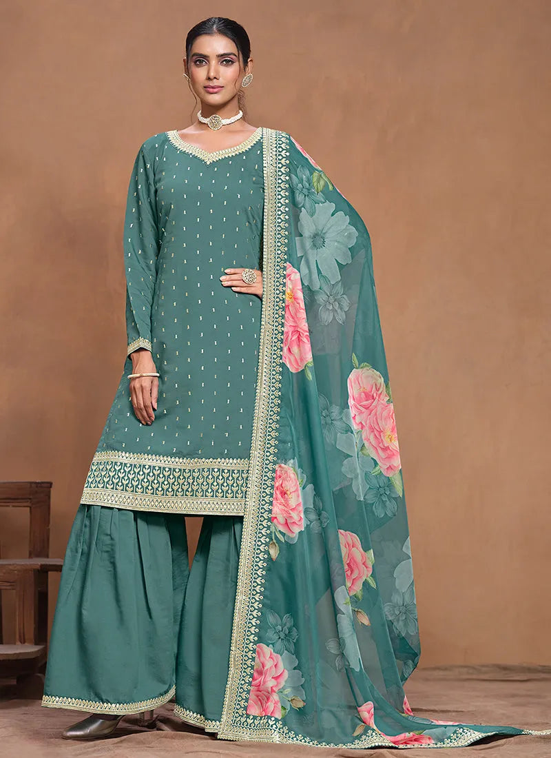 Designer Teal Blue  Embroidered Silk Sharara  Suit Shop Sale Online