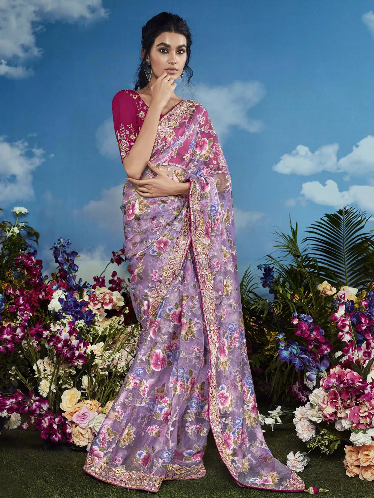 Luxurious Lavender Heavily Floral Embroidered Brasso Saree 100% Original Online