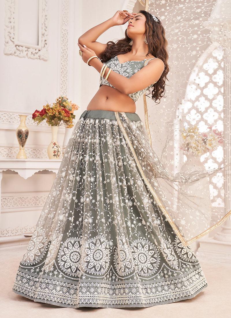 Dusty Green Soft Net Wedding Lehenga Best Place To Buy