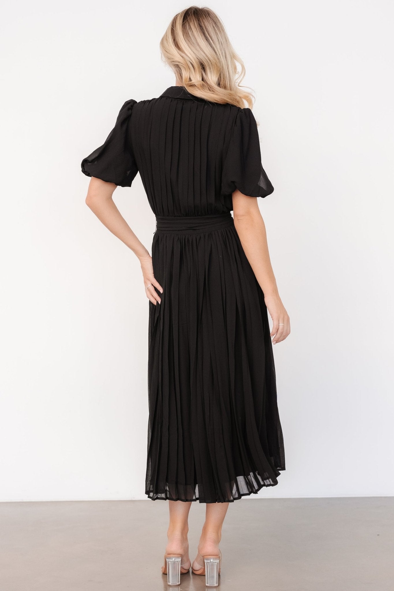 Boston Pleated Button Dress | Black Discounts Cheap Pice