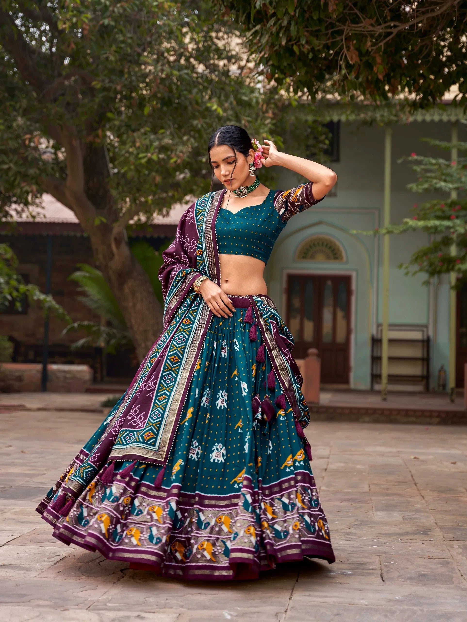 Teal Colored Tussar Silk Patola Printed Foil Worked Lehenga Choli For Sale Free Shipping