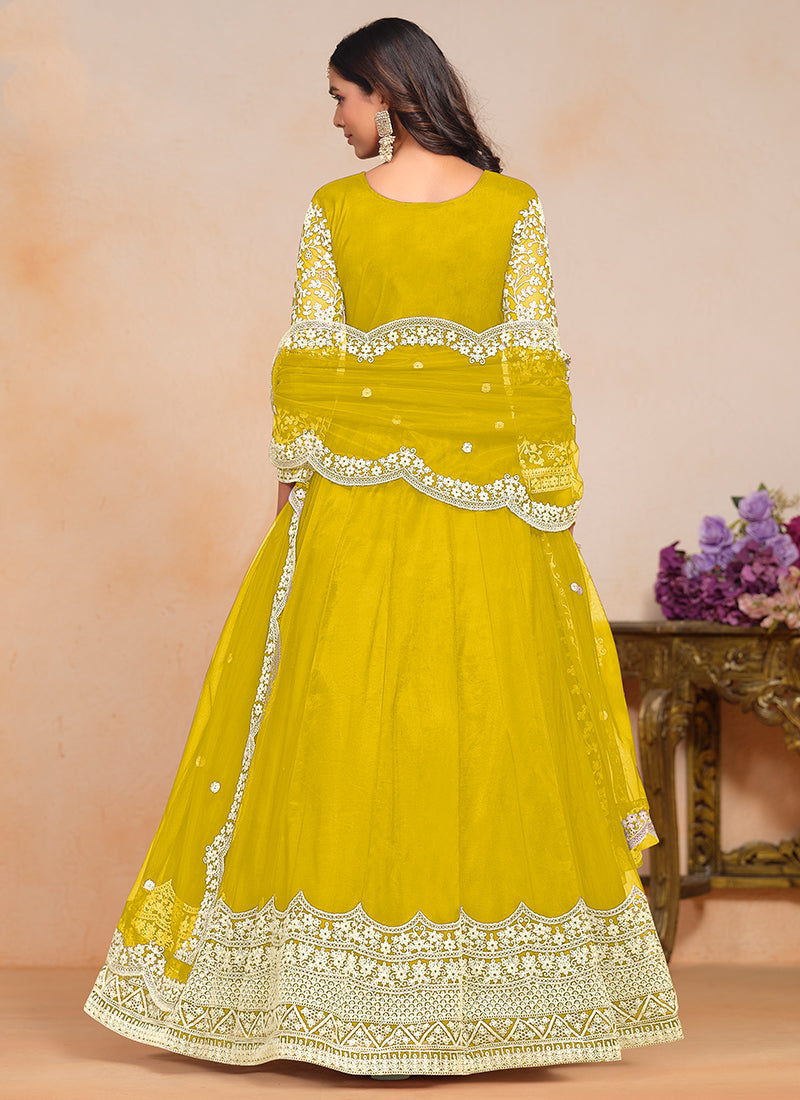 Radiant Bright Yellow Designer Embroidered Anarkali Gown Free Shipping With Paypal