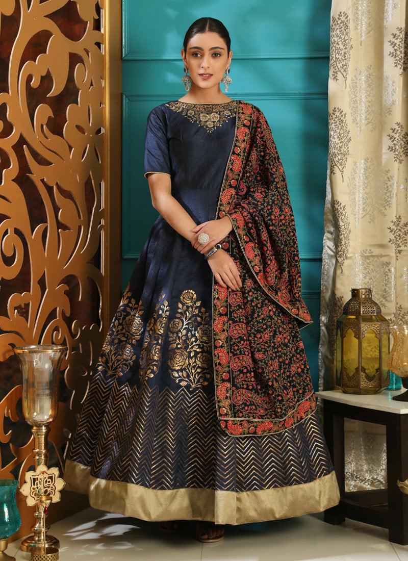 Outstanding Navy Blue Silk Base Intricate Hand Work Designer Gown Footlocker Finishline Sale Online