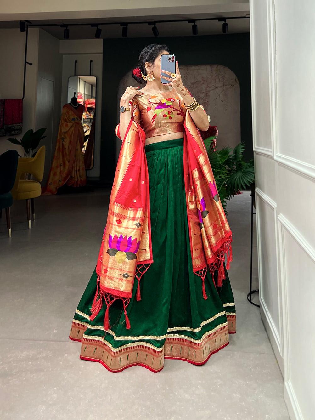 Green Vichitra Silk Paithani Lace Border Worked Lehenga Set Exclusive Online