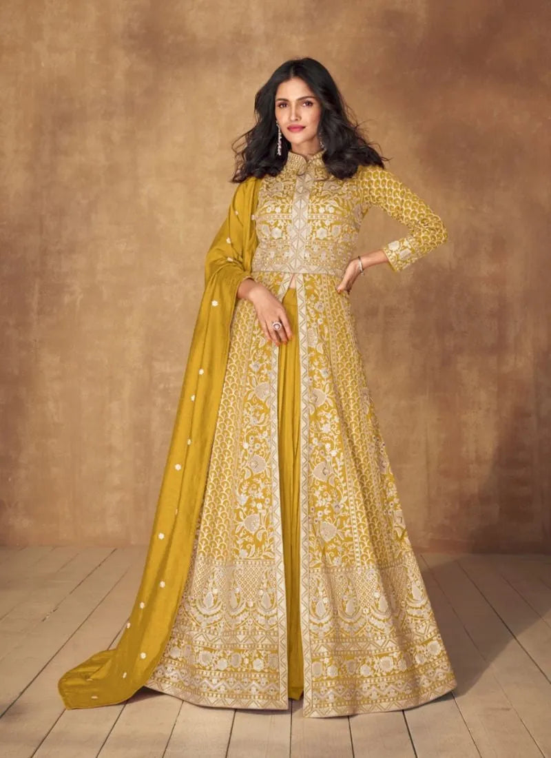 Ravishing Embroidered Silk Anarkali Gown in Yellow Clearance Shop