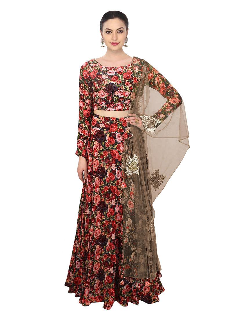 Multi Color Taffeta Silk Fabric Printed Lehenga With Net Dupatta Tumblr Online