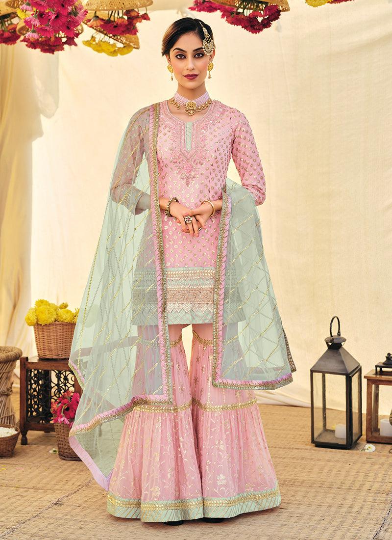 Baby Pink Georgette Base Lace Work Sharara Suit Best Pices