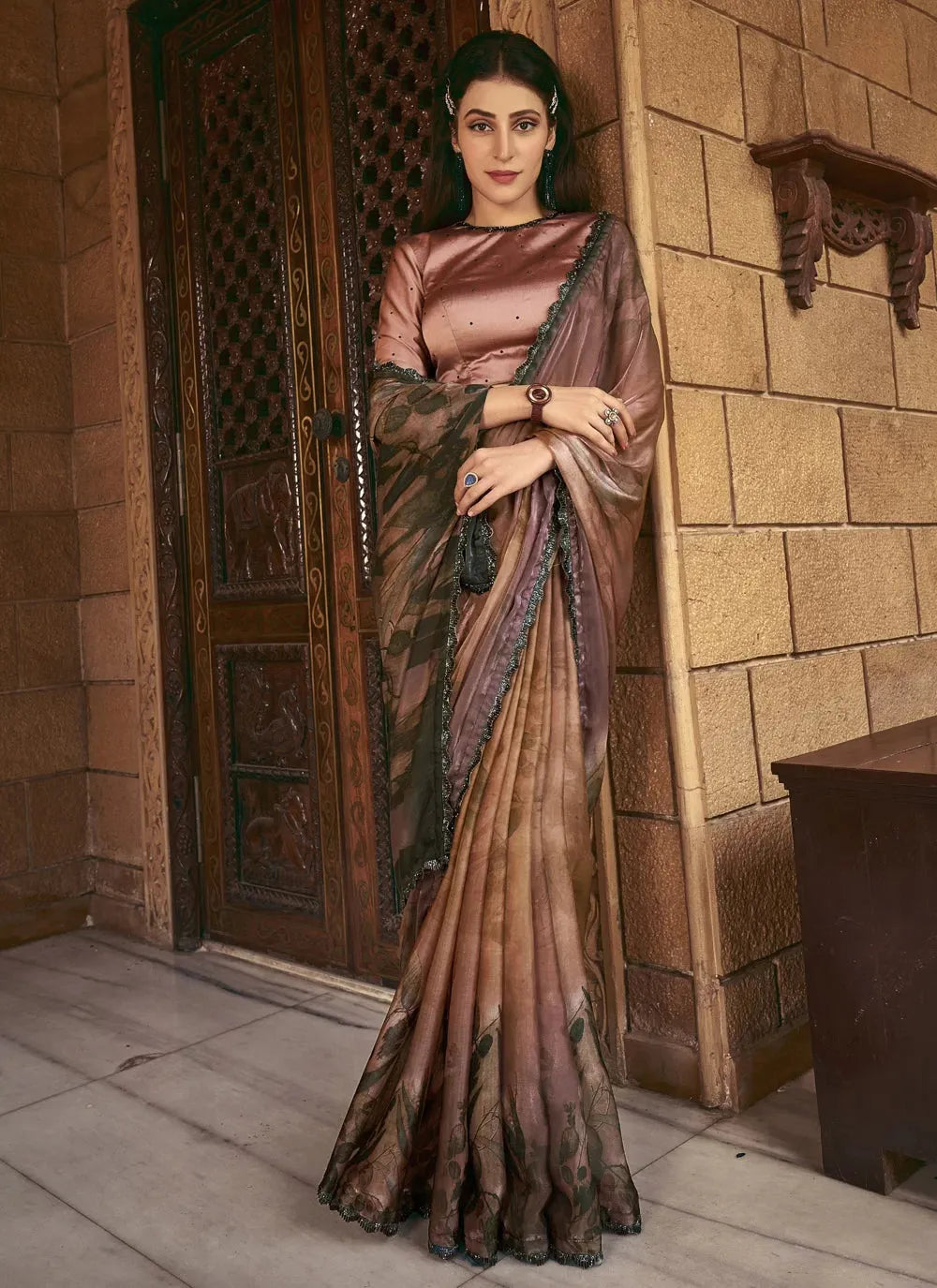 Brown Shaded Satin Silk Pure Hand Stone Worked Saree Free Shipping Wholesale Pice