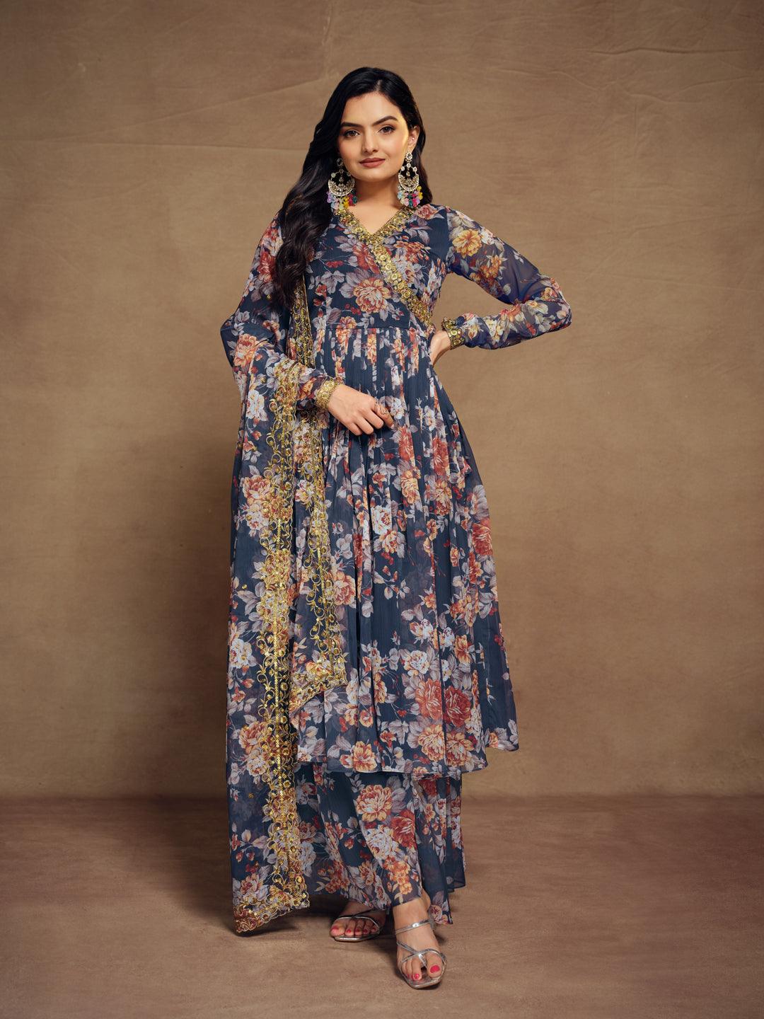 Navy blue chiffon angrakha palazzo suit with dupatta Discount Authentic