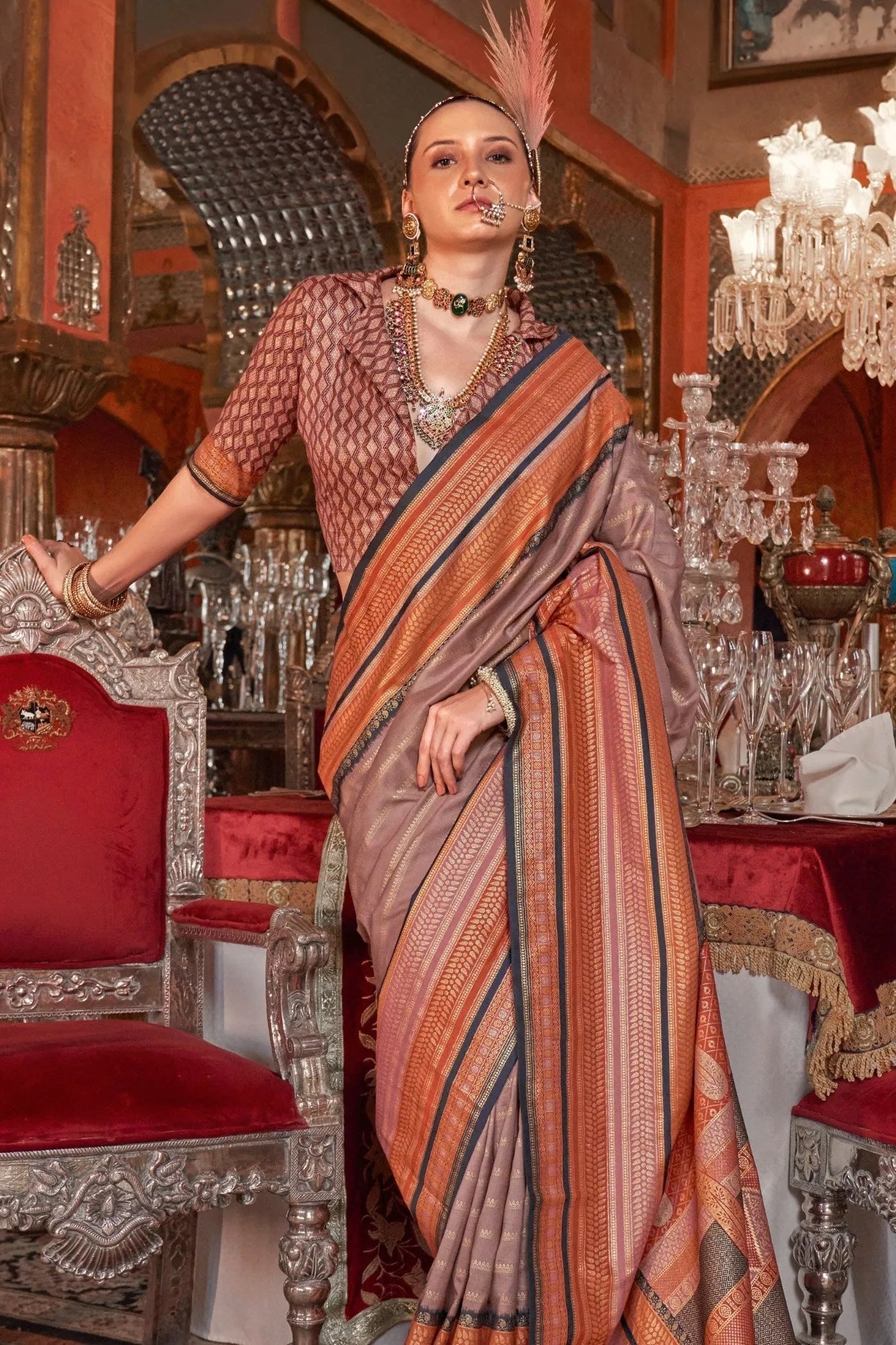 Dignified Dusty Brown Kanjivaram and Patola Printed Silk Saree Cheap Pice From China