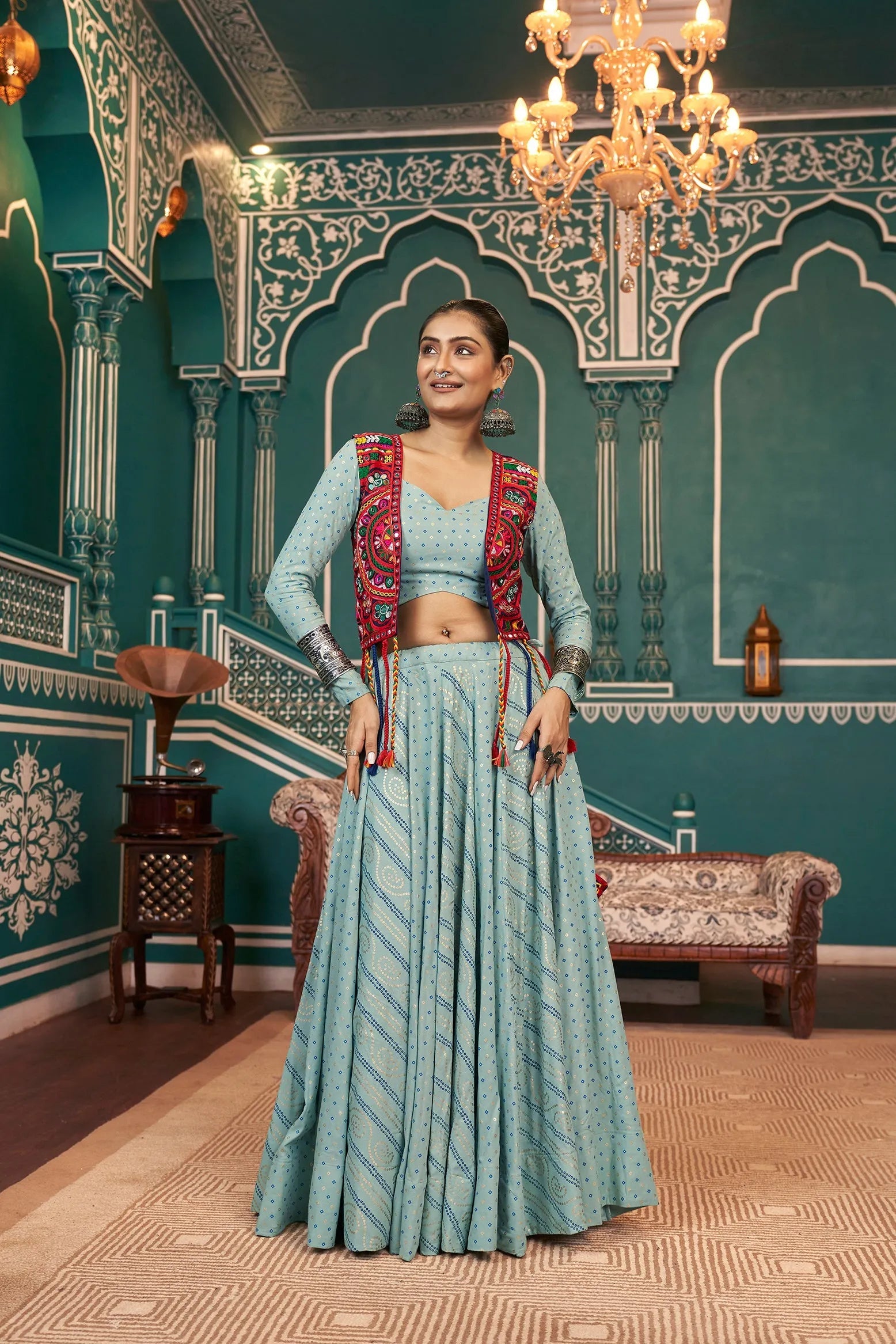 Pleasing Pista Green Rayon Navratri Jacket Lehenga Choli Cheap Explore