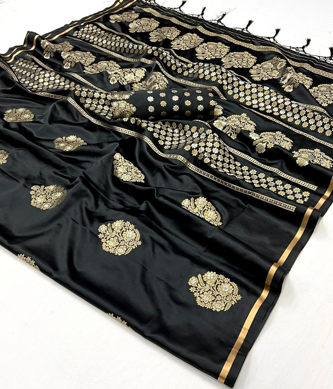 Black Colored Pure Satin Handwoven Designer Silk Saree Buy Cheap Official Site