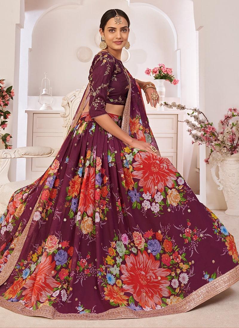 Wine Color Georgette Base Sequins Work Floral Print Lehenga Pictures For Sale