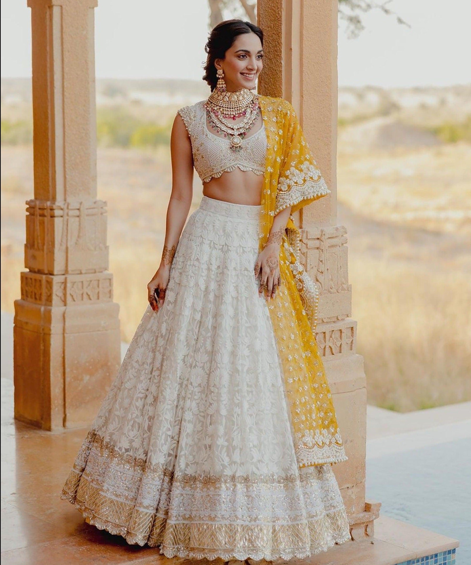 Elegant White Bridal Lehenga and Yellow Dupatta Free Shipping For Sale