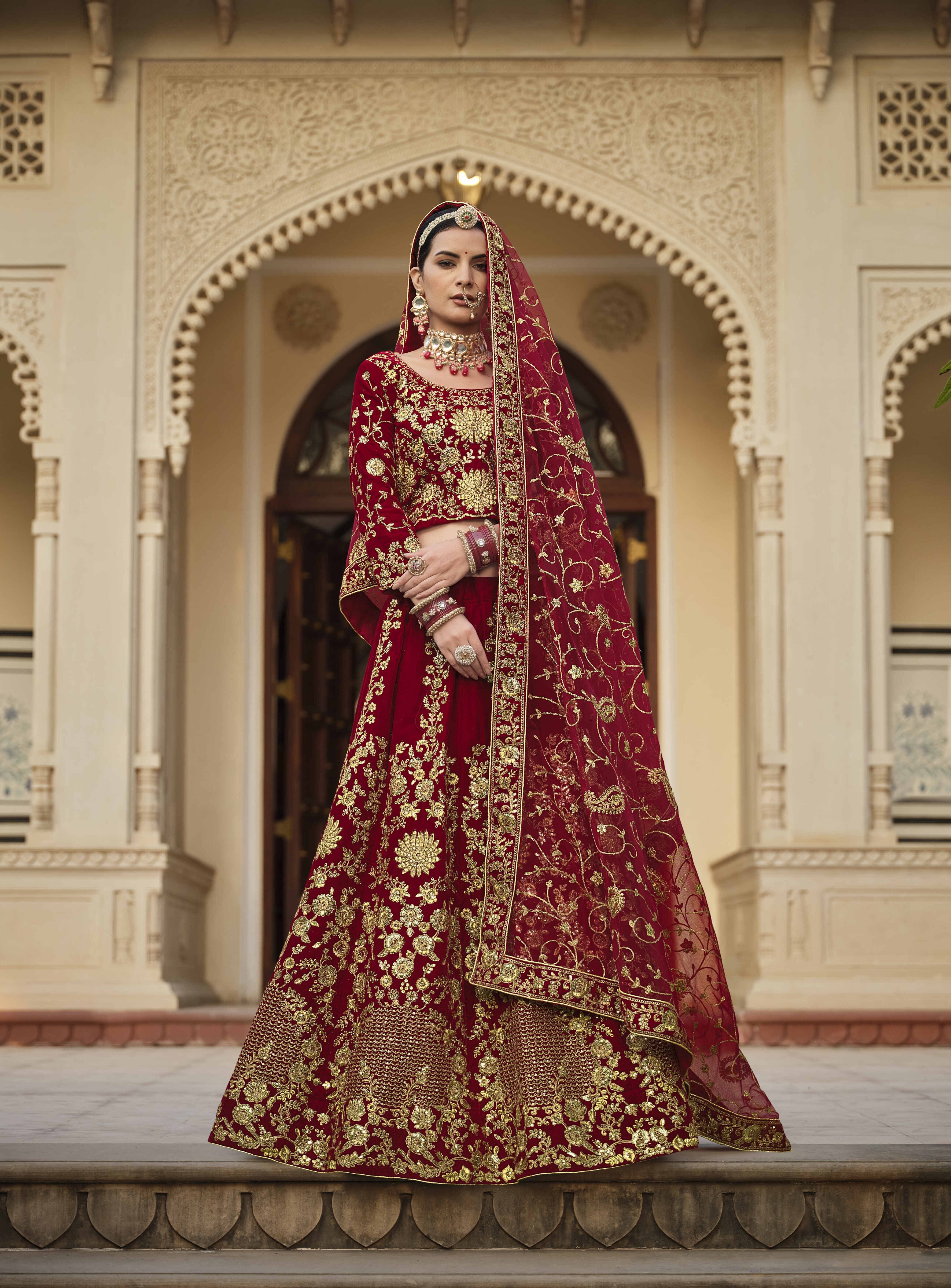 Heavy Coding Embroidered Velvet Bridal lehenga Choli Free Shipping Purchase