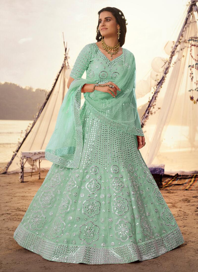 Magical Mint Green Foil Mirror Work Lehenga Choli Set Clearance Store Cheap Online