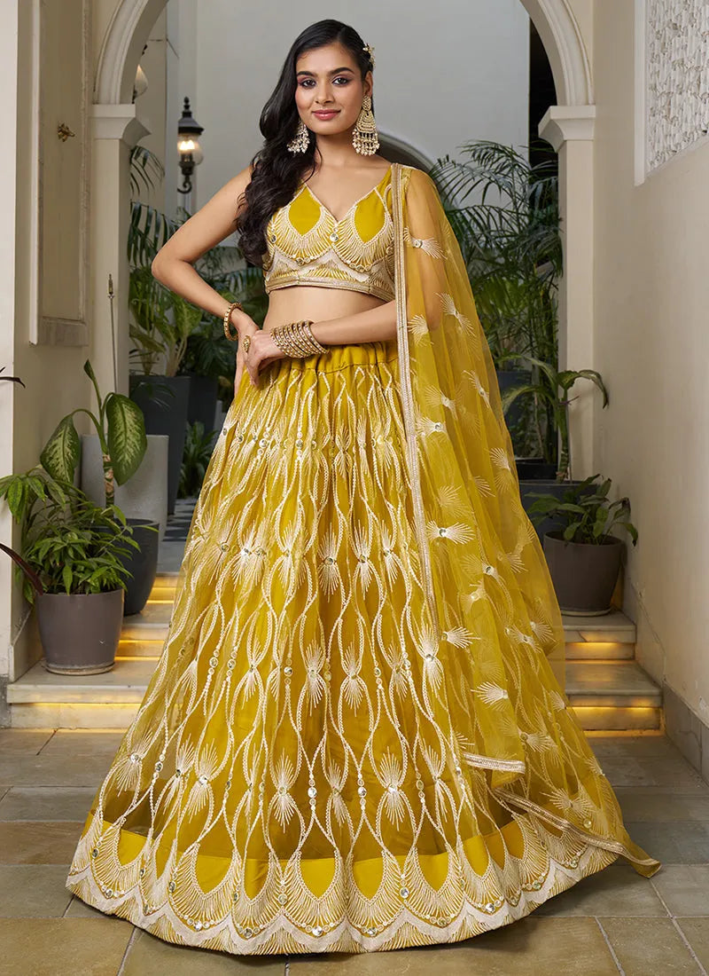 Designer Mustard Yellow Embroidery Wedding Lehenga Choli Very Cheap Pice