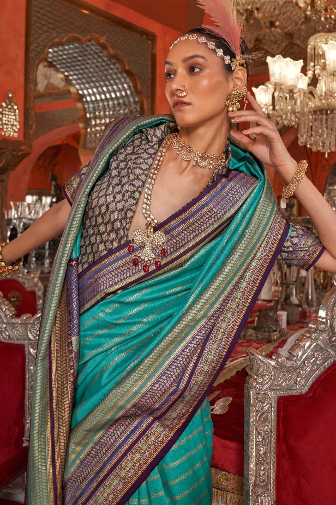 Astonishing Aqua Blue Kanjivaram and Patola Printed Silk Saree Free Shipping Shop