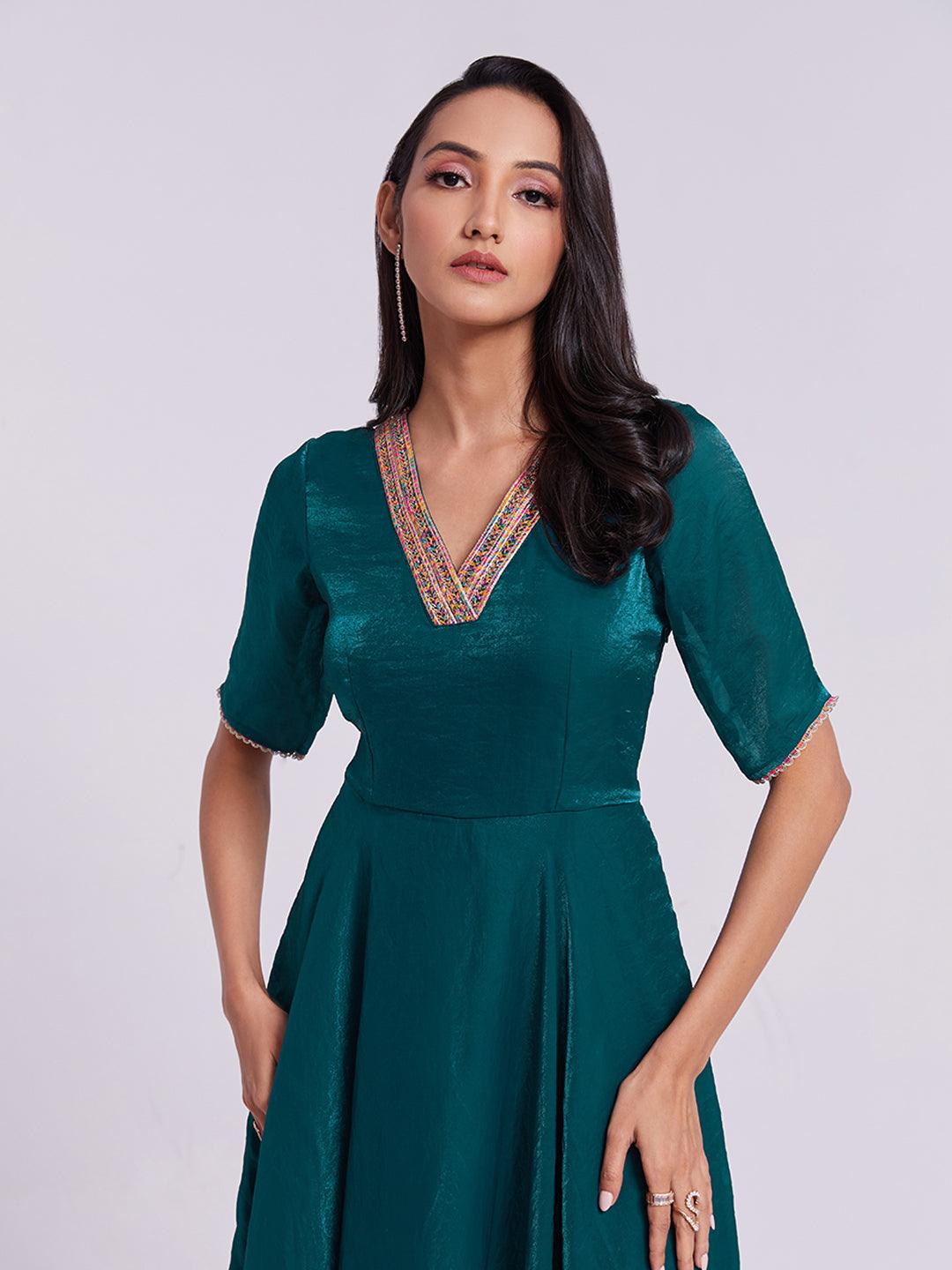 Teal organza Ready-to-wear A-line V-neck Gown Cheap Sale Release Dates