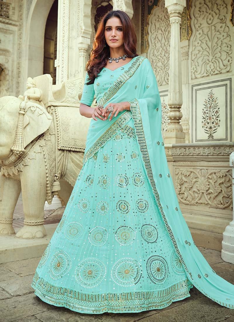 Georgette Fabric Blue Color Sequins Work A-Line Lehenga Choli Pictures Cheap Pice