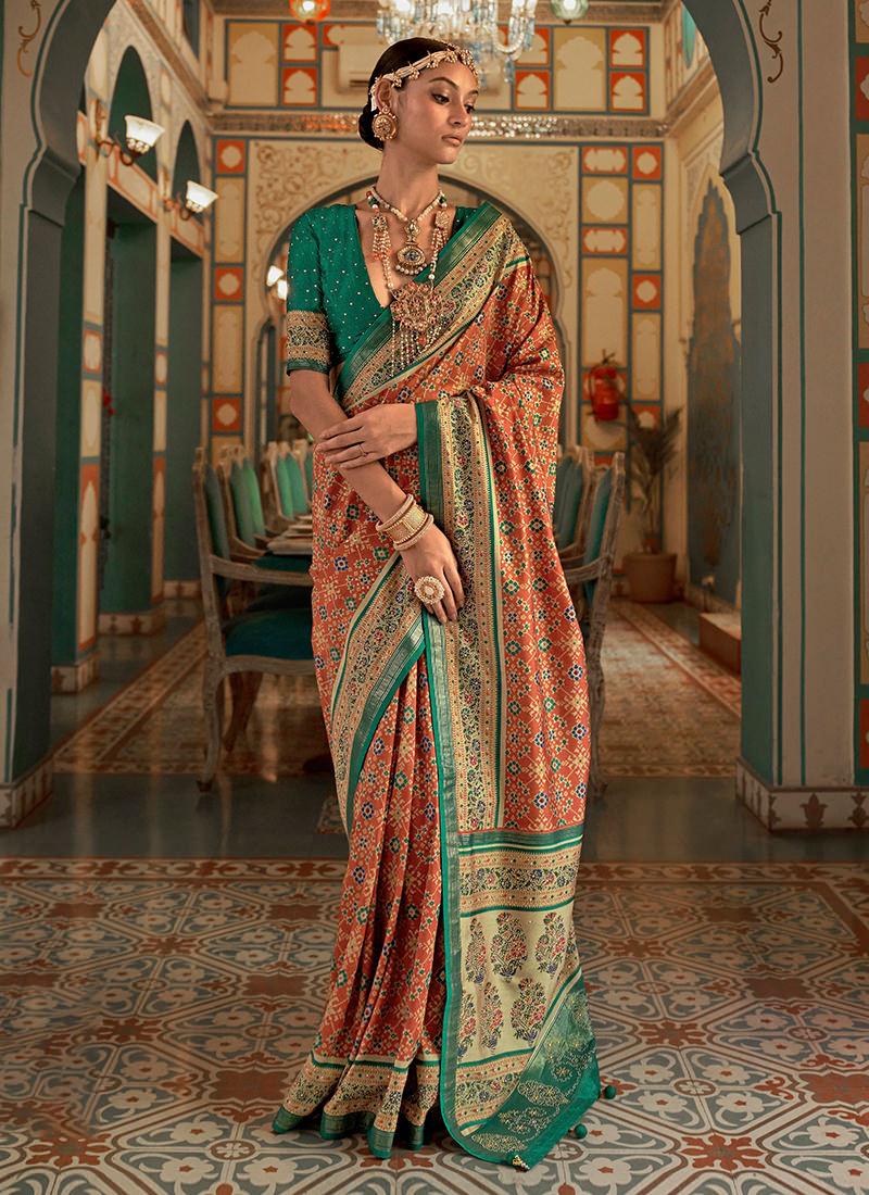 Deep V-Neck Green Silk Patola Saree Clearance Exclusive