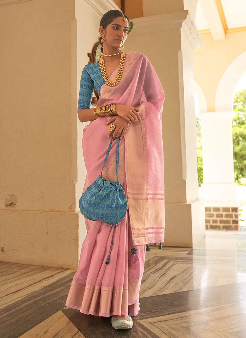 Pink Organza Saree With Contrast Blouse Cheap Sale Low Pice Fee Shipping