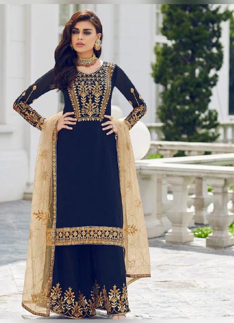 Attractive Navy Blue color With Georgette Base Pakistani Palazzo Suit Fashion Style Online