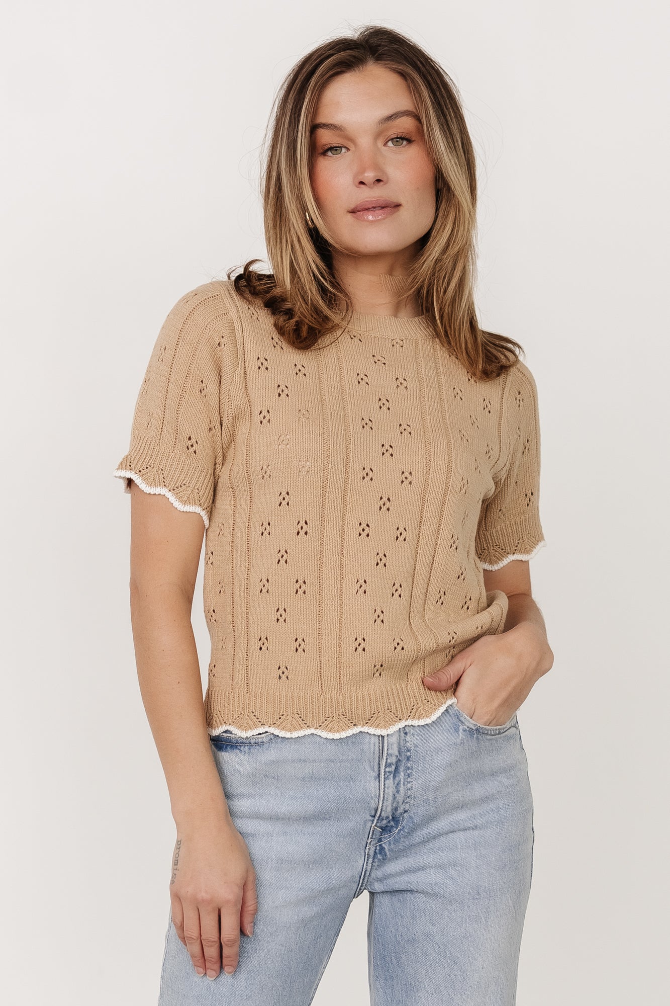 Britt Pointelle Knit Top | Natural + Ivory Discount Hot Sale