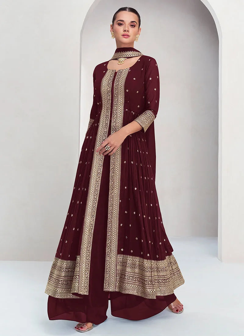 Elegant Maroon Embroidery Traditional Palazzo Suit New Styles Cheap Pice