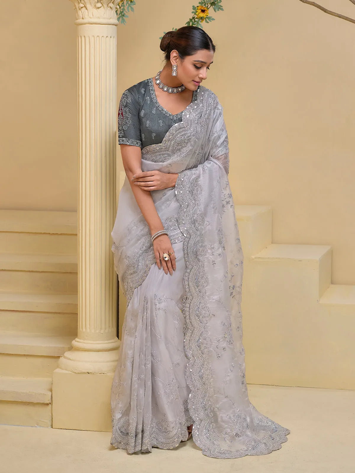 Enchanting Grey Shine Silk Embroidered Saree Clearance Purchase