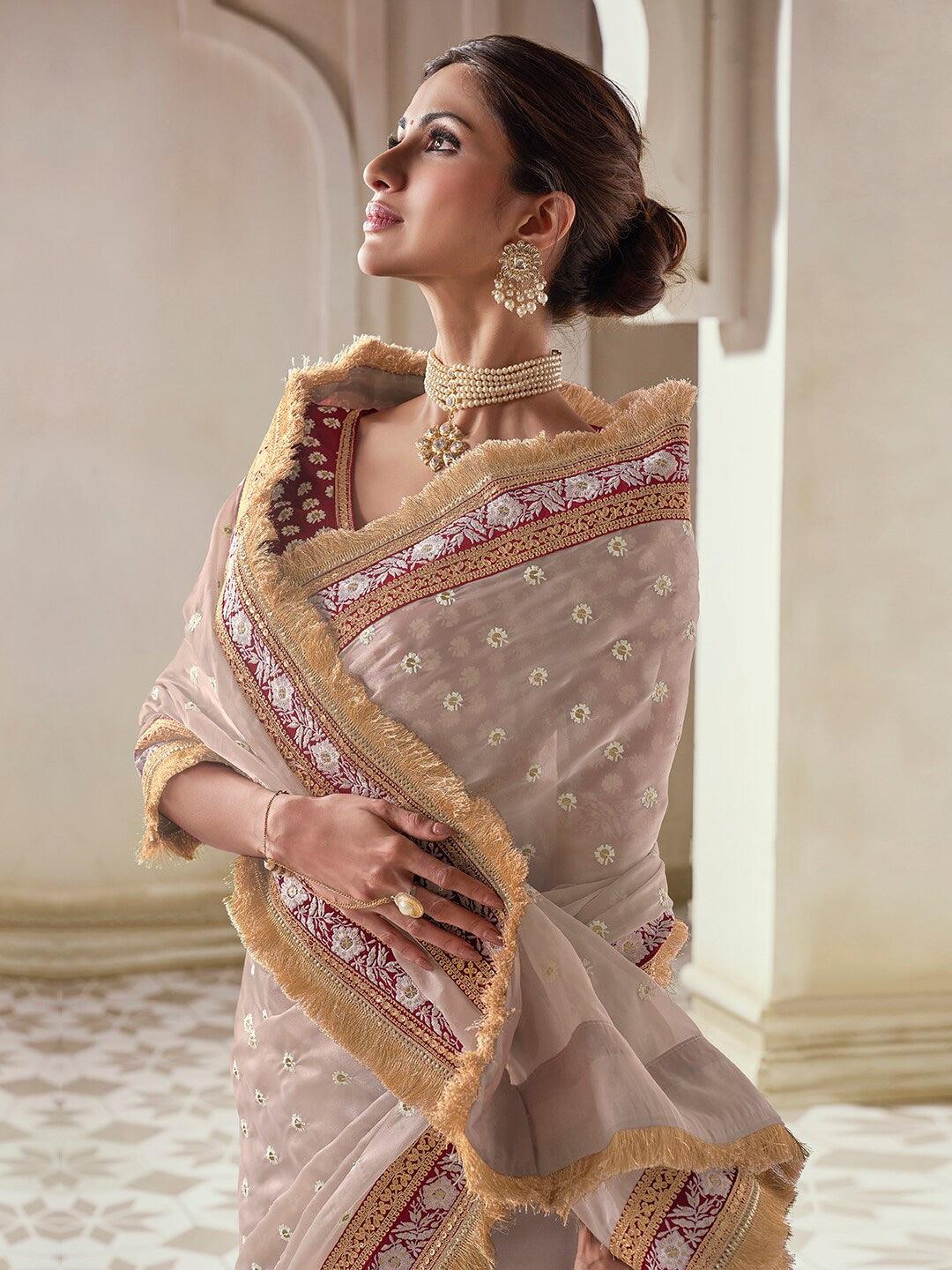 Beige color Organza Embroidered  Classic Saree Buy Online