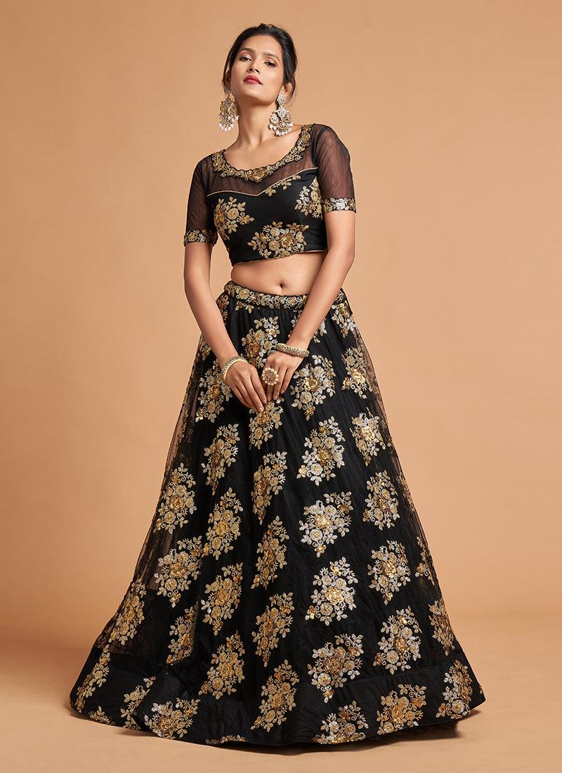 Soft Net Base Black Color Heavy Zari Work Lehenga With Illusion Neck Blouse Fast Delivery Online