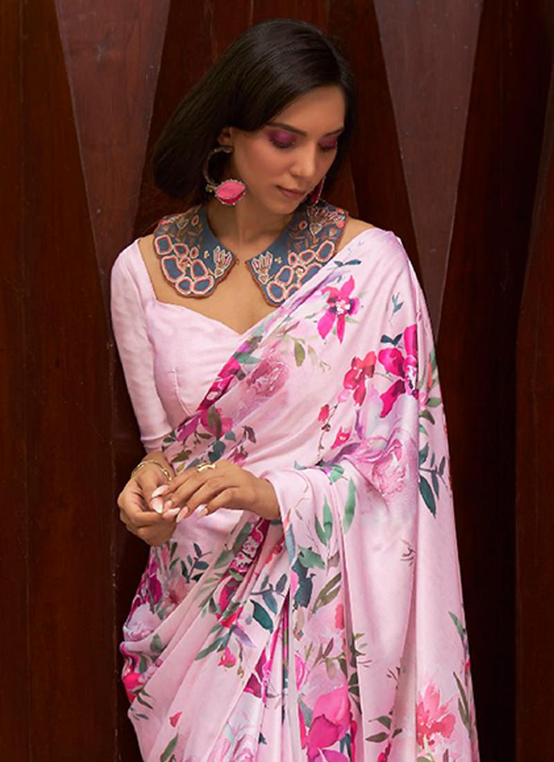 Pink Satin Crepe Floral Saree Buy Cheap Pice