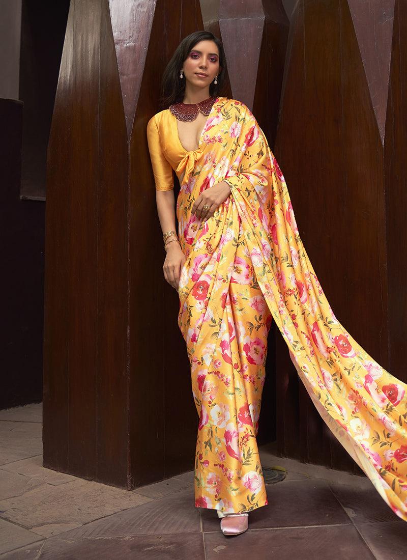 Yellow Satin Crepe Floral Saree Free Shipping View