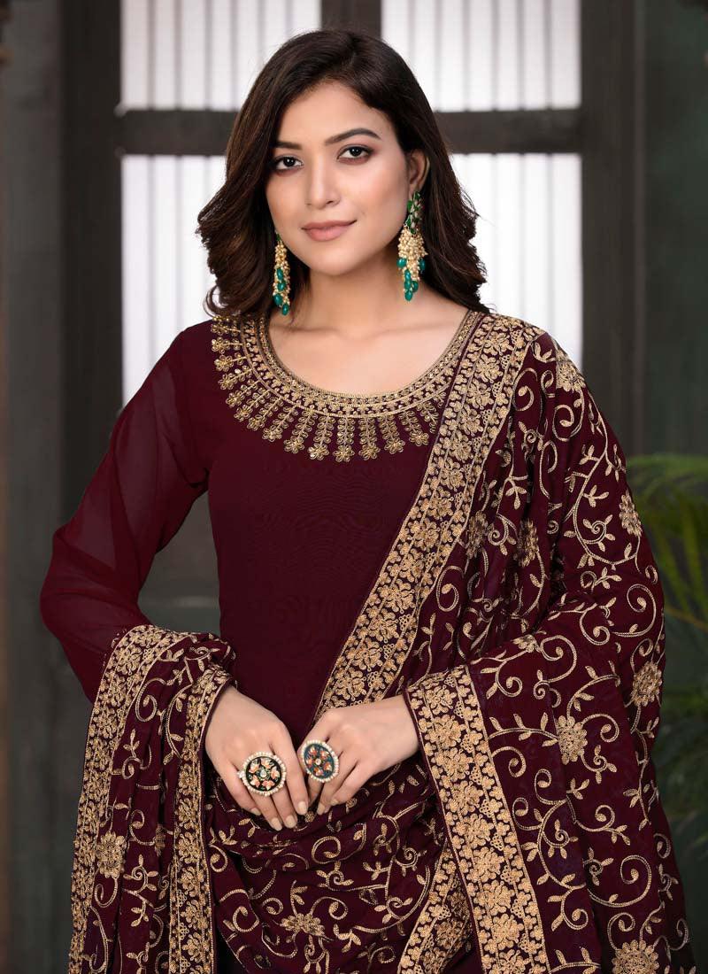 Maroon Color Stone Work Georgette Base Designer Gown With Dupatta Free Shipping Supply